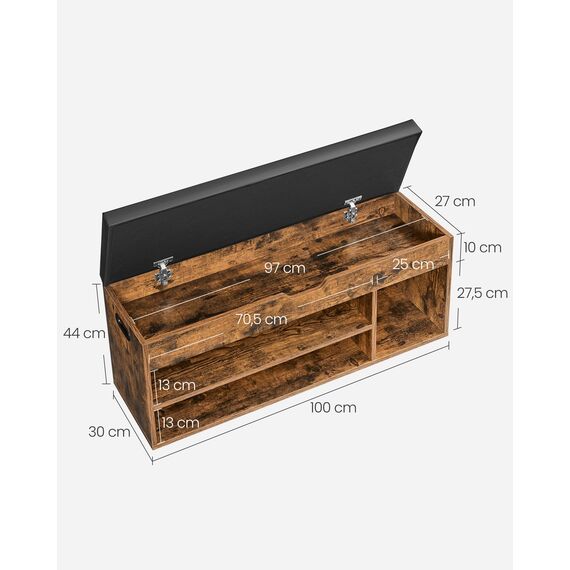 VASAGLE Schuhbank mit Sitzfläche, Sitzbank mit Stauraum, gepolstert, 3 offene Fächer, Fach unter Sitzkissen, Schuhregal für Wohnzimmer, Flur, bis 136 kg belastbar, vintagebraun LHS130B01
