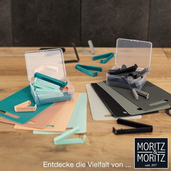 Moritz & Moritz 24 Verschlussclips – inkl. praktischer Box – Clips für Tüten – Tütenclips für Lebensmittelaufbewahrung – auch als Gefrierbeutel Clips geeignet