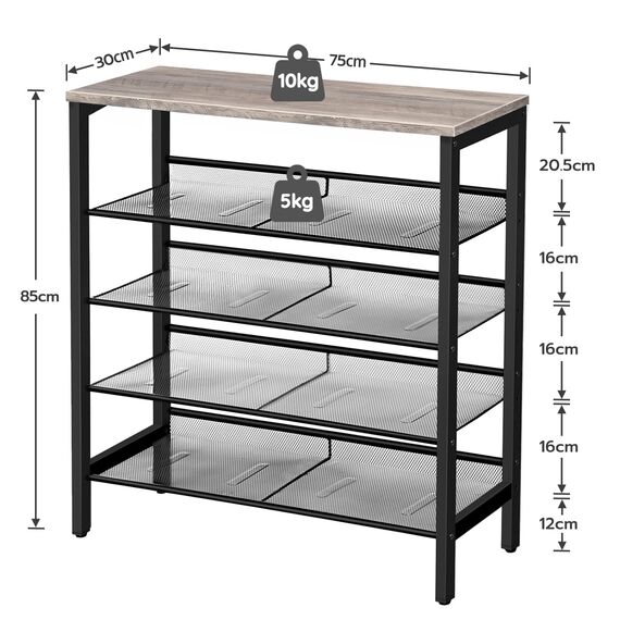 HOOBRO Schuhregal, 5-lagiges Schuhschrank, Verstellbares Schuhablage, Flach und Neigbar, Langlebig und Stabil, Metall, Eingang, Korridor, Industrie, Greige-Schwarz EBG01XJ01