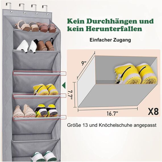MISSLO Tür Schuhregal Schmal Schuhaufbewahrung Hängend mit 8 tiefen Taschen Passt 20-Paar Schuhorganizer, Kleiderschrank Schuhhalter für Tür Hängeorganizer, Grau