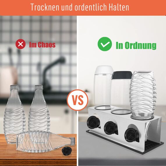 ACTIV CUISINE Flaschenhalter für Sodastream Duo Crystal Flaschen, 3er Edelstahl Abtropfhalter, Abtropfständer Abtropfgestell mit Schutzringe, Abtropfmatte, Deckelhalter und Flaschenbürste