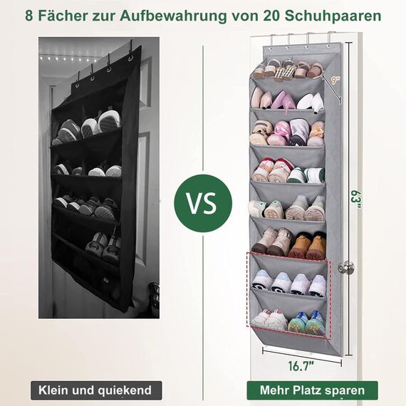MISSLO Tür Schuhregal Schmal Schuhaufbewahrung Hängend mit 8 tiefen Taschen Passt 20-Paar Schuhorganizer, Kleiderschrank Schuhhalter für Tür Hängeorganizer, Grau