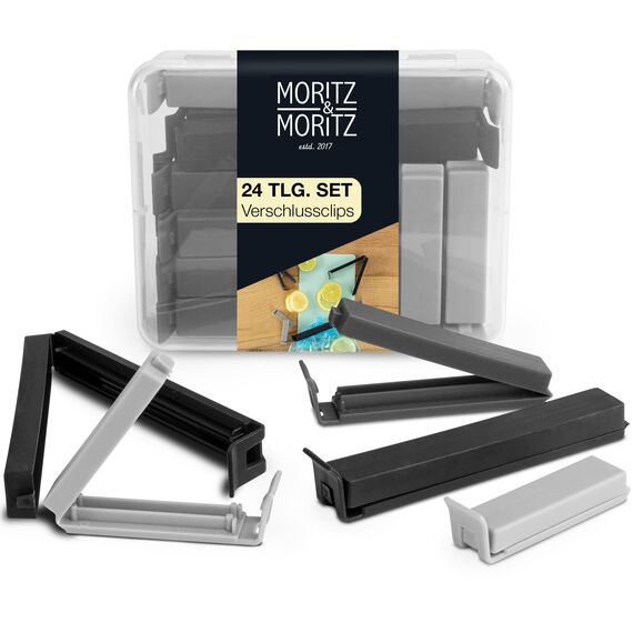 Moritz & Moritz 24 Verschlussclips – inkl. praktischer Box – Clips für Tüten – Tütenclips für Lebensmittelaufbewahrung – auch als Gefrierbeutel Clips geeignet