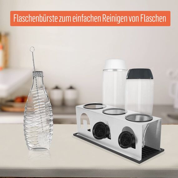 ACTIV CUISINE Flaschenhalter für Sodastream Duo Crystal Flaschen, 3er Edelstahl Abtropfhalter, Abtropfständer Abtropfgestell mit Schutzringe, Abtropfmatte, Deckelhalter und Flaschenbürste