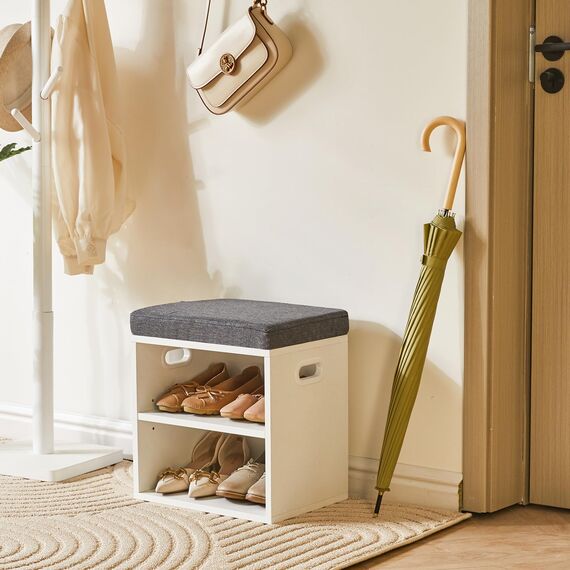 YMYNY Schuh Aufbewahrungsbank mit Sitzkissen, 2-Tier Schuh Rack mit gepolstertem Sitz, justierbarer Schuh Organizer Schrank für Eingang, Wohnzimmer, Flur, Schrank, 42H*39L*28Wcm, Weiß, HBD028W