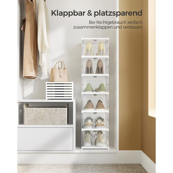 SONGMICS Schuhschrank, mit 6 Schuhboxen, integrierter Schuh-Organizer, faltbar, tragbar, für Schuhe bis Größe 46, 1-Min-Montage, transparent-wolkenweiß LSP205W01