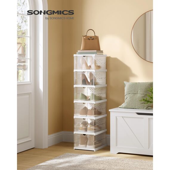 SONGMICS Schuhschrank, mit 6 Schuhboxen, integrierter Schuh-Organizer, faltbar, tragbar, für Schuhe bis Größe 46, 1-Min-Montage, transparent-wolkenweiß LSP205W01