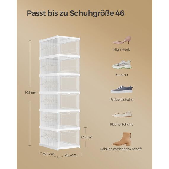 SONGMICS Schuhschrank, mit 6 Schuhboxen, integrierter Schuh-Organizer, faltbar, tragbar, für Schuhe bis Größe 46, 1-Min-Montage, transparent-wolkenweiß LSP205W01