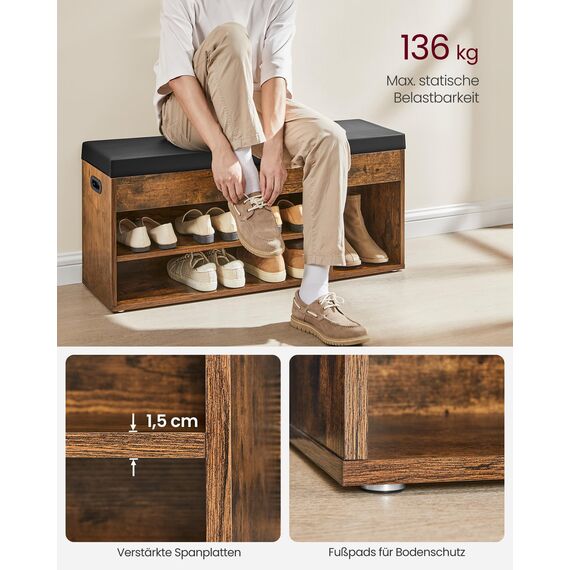 VASAGLE Schuhbank mit Sitzfläche, Sitzbank mit Stauraum, gepolstert, 3 offene Fächer, Fach unter Sitzkissen, Schuhregal für Wohnzimmer, Flur, bis 136 kg belastbar, vintagebraun LHS130B01