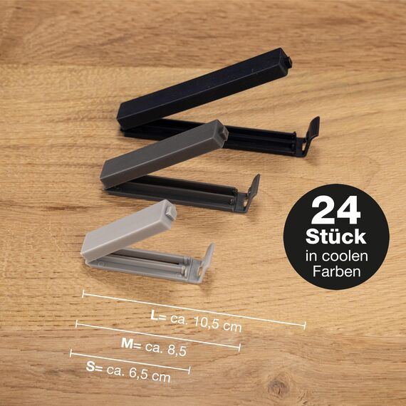 Moritz & Moritz 24 Verschlussclips – inkl. praktischer Box – Clips für Tüten – Tütenclips für Lebensmittelaufbewahrung – auch als Gefrierbeutel Clips geeignet