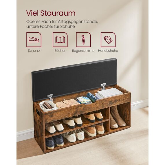 VASAGLE Schuhbank mit Sitzfläche, Sitzbank mit Stauraum, gepolstert, 3 offene Fächer, Fach unter Sitzkissen, Schuhregal für Wohnzimmer, Flur, bis 136 kg belastbar, vintagebraun LHS130B01