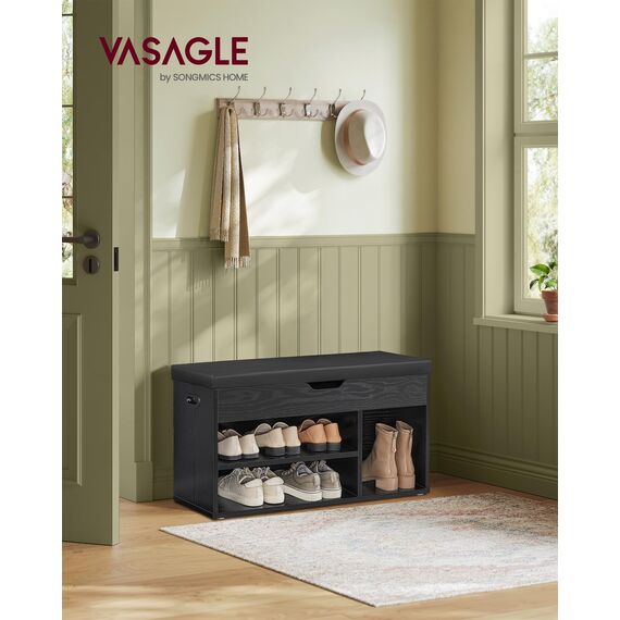 VASAGLE Schuhbank mit Sitzfläche, Sitzbank mit Stauraum, gepolstert, Fach unter Sitzkissen, Schuhregal Wohnzimmer, Flur, bis 136 kg belastbar, 30 x 80 x 44 cm, ebenholzschwarz-tintenschwarz LHS030B03