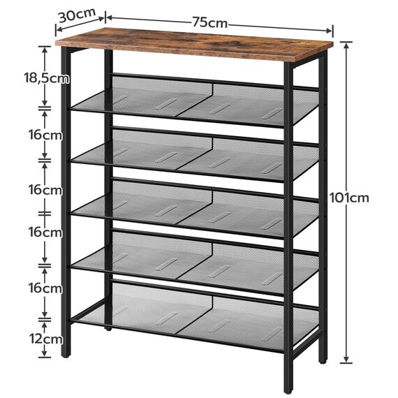 HOOBRO Schuhregal, 6-lagiges Schuhschrank, Verstellbares Schuhablage, Flach und Neigbar, für 18-24 Paar Schuhe, Stabil, Eingang, Korridor, Industrie, vintagebraun-schwarz EBF16XJ01