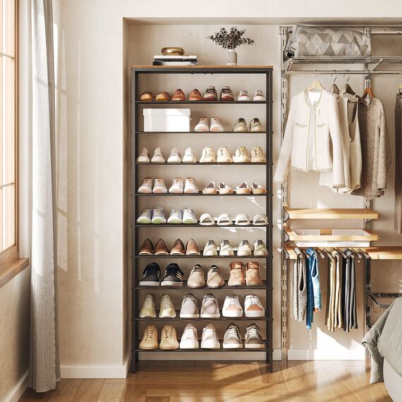 YATINEY Schuhregal hoch, Schuhablage mit 10 Ebenen, Schuhschrank mit großer Kapazität, für 40 Paar Schuhe, Metallrahmen, für Eingangsbereich, Flur, Vintagebraun und Schwarz XSS10BR