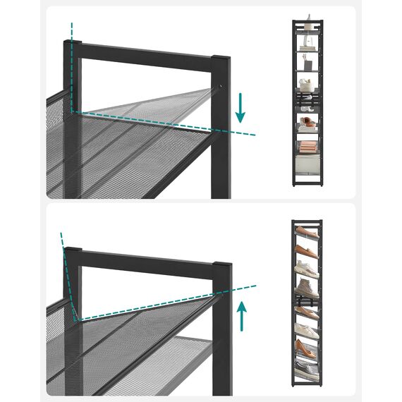 SONGMICS Schuhregal mit 8 Ebenen, Schuh-Organizer, aus 2 stapelbaren 4-stufigen Regalen, für 32 bis zu 40 Paar Schuhe, verstellbare Gitterablagen, flach oder angewinkelt montierbar, schwarz LMR08B