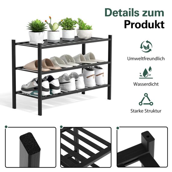 BAM BOO BOX - Schuhregal aus Bambus, Schuhablage mit 3 Ebenen, 68 x 28 x 46 cm, Erweiterbar Stapelbar, Schuhschrank Holz, Shoe Rack, Regal für Wohnzimmer oder Flur (Schwarz)