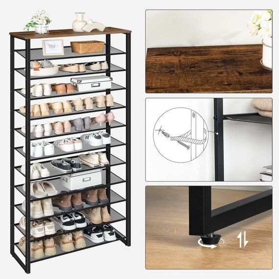 HOOBRO Große Schuhregal, 12-stöckiges Schuhablage, Schuhschrank hoch, für 35-45 Paar Schuhe, Metallrahmen, Industriestil, für Flur, Wohnzimmer, Schlafzimmer, Vintagebraun-Schwarz EBF127XJ01