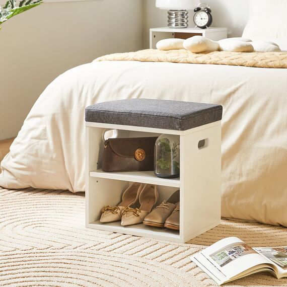 YMYNY Schuh Aufbewahrungsbank mit Sitzkissen, 2-Tier Schuh Rack mit gepolstertem Sitz, justierbarer Schuh Organizer Schrank für Eingang, Wohnzimmer, Flur, Schrank, 42H*39L*28Wcm, Weiß, HBD028W