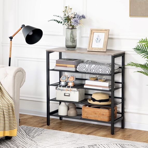 HOOBRO Schuhregal, 5-lagiges Schuhschrank, Verstellbares Schuhablage, Flach und Neigbar, Langlebig und Stabil, Metall, Eingang, Korridor, Industrie, Greige-Schwarz EBG01XJ01