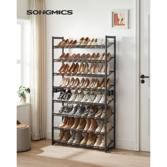 SONGMICS Schuhregal mit 8 Ebenen, Schuh-Organizer, aus 2 stapelbaren 4-stufigen Regalen, für 32 bis zu 40 Paar Schuhe, verstellbare Gitterablagen, flach oder angewinkelt montierbar, schwarz LMR08B