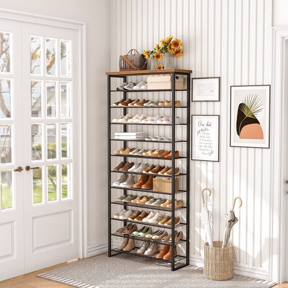 HOOBRO Große Schuhregal, 12-stöckiges Schuhablage, Schuhschrank hoch, für 35-45 Paar Schuhe, Metallrahmen, Industriestil, für Flur, Wohnzimmer, Schlafzimmer, Vintagebraun-Schwarz EBF127XJ01