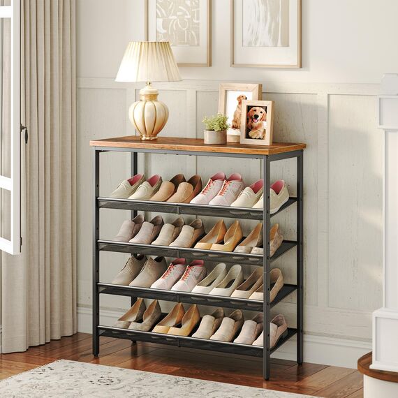 HOOBRO Schuhregal, 5-stöckiges Schuhablage, Schuhschrank, verstellbares Metallgitterregal, Geräumige Oberseite, für 16-20 Paar, Eingang, Korridor, Industrie, vintagebraun-schwarz EBF12XJ01