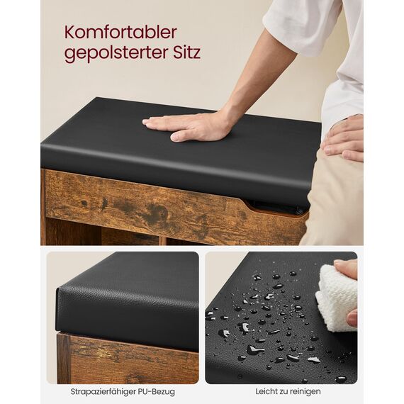 VASAGLE Schuhbank mit Sitzfläche, Sitzbank mit Stauraum, gepolstert, 3 offene Fächer, Fach unter Sitzkissen, Schuhregal für Wohnzimmer, Flur, bis 136 kg belastbar, vintagebraun LHS130B01