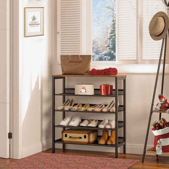 HOOBRO Schuhregal, 5-lagiges Schuhschrank, Verstellbares Schuhablage, Flach und Neigbar, Langlebig und Stabil, Metall, Eingang, Korridor, Industrie, vintagebraun-schwarz EBF01XJ01