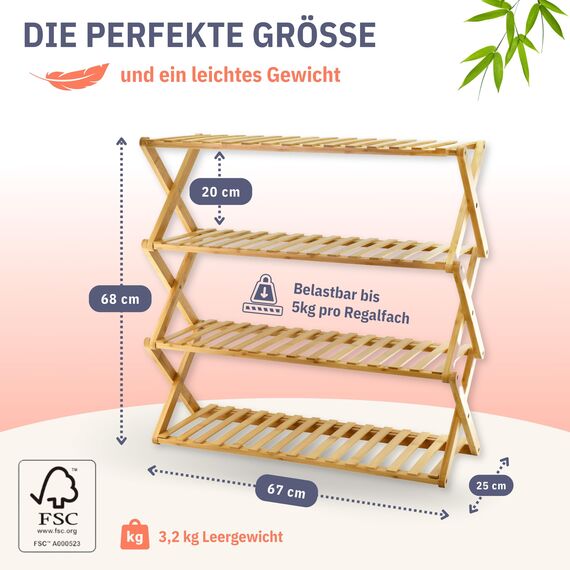 Felino® Schuhregal Schuhablage Organizer aus Bambus Holz offen | 70cm lang | Schuhorganizer offenes Regal klappbar auch für Camping