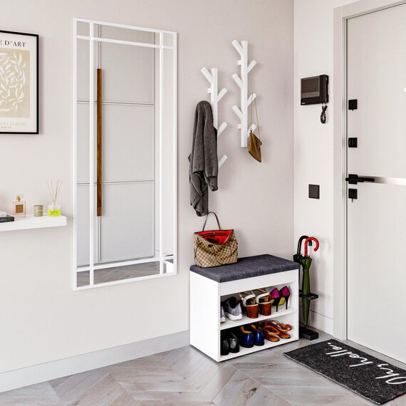 KOMTO Schuhbank mit Sitzfläche - Schuhregal Bank mit Stauraum Weiß 60 x 48 x 32 cm Kleiner Schuhschrank mit Sitzbank Flur Bank Garderobenbank Sofia