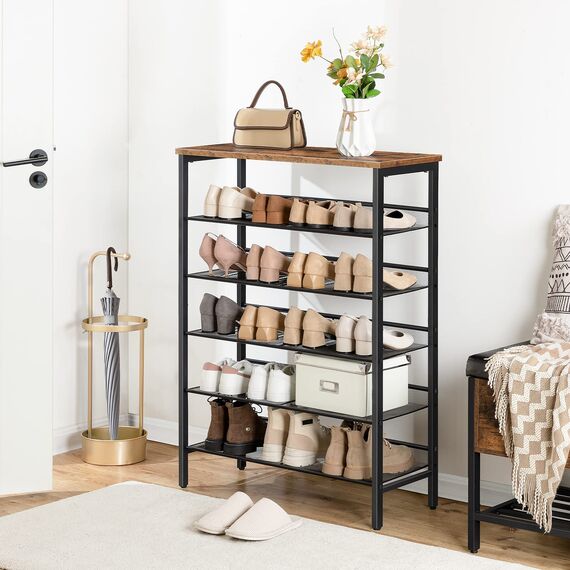 HOOBRO Schuhregal, 6-lagiges Schuhschrank, Verstellbares Schuhablage, Flach und Neigbar, für 18-24 Paar Schuhe, Stabil, Eingang, Korridor, Industrie, vintagebraun-schwarz EBF16XJ01
