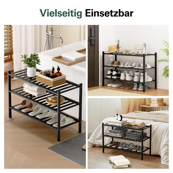 BAM BOO BOX - Schuhregal aus Bambus, Schuhablage mit 3 Ebenen, 68 x 28 x 46 cm, Erweiterbar Stapelbar, Schuhschrank Holz, Shoe Rack, Regal für Wohnzimmer oder Flur (Schwarz)