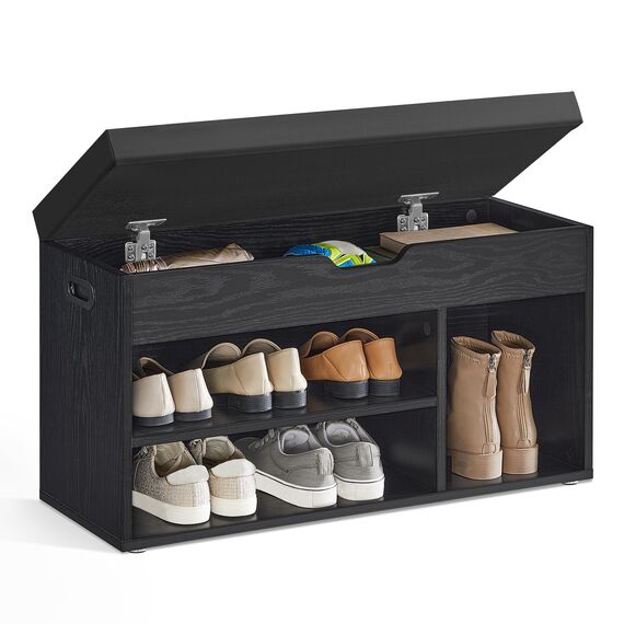 VASAGLE Schuhbank mit Sitzfläche, Sitzbank mit Stauraum, gepolstert, Fach unter Sitzkissen, Schuhregal Wohnzimmer, Flur, bis 136 kg belastbar, 30 x 80 x 44 cm, ebenholzschwarz-tintenschwarz LHS030B03