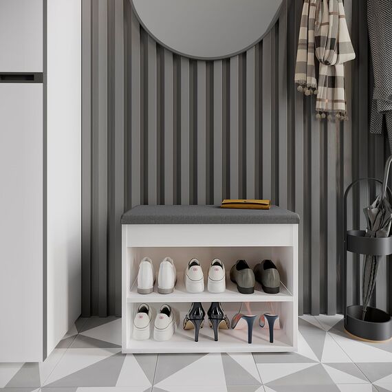 KOMTO Schuhbank mit Sitzfläche - Schuhregal Bank mit Stauraum Weiß 60 x 48 x 32 cm Kleiner Schuhschrank mit Sitzbank Flur Bank Garderobenbank Sofia