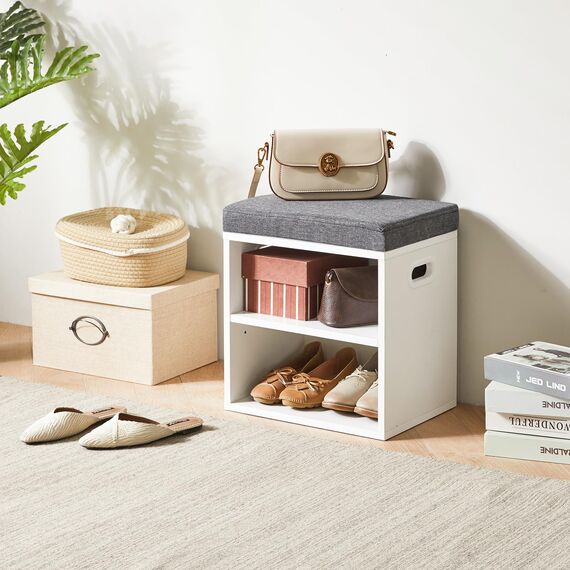 YMYNY Schuh Aufbewahrungsbank mit Sitzkissen, 2-Tier Schuh Rack mit gepolstertem Sitz, justierbarer Schuh Organizer Schrank für Eingang, Wohnzimmer, Flur, Schrank, 42H*39L*28Wcm, Weiß, HBD028W