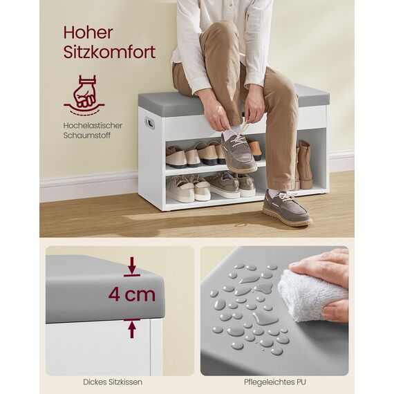 VASAGLE Schuhbank mit Sitzfläche, Sitzbank mit Stauraum, gepolstert, Fach unter Sitzkissen, Schuhregal Wohnzimmer, Flur, bis 136 kg belastbar, 30 x 80 x 44 cm, wolkenweiß-Taubengrau LHS030W01