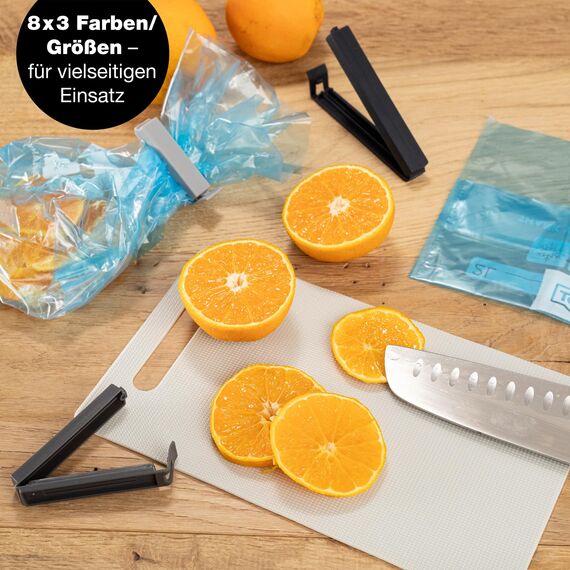 Moritz & Moritz 24 Verschlussclips – inkl. praktischer Box – Clips für Tüten – Tütenclips für Lebensmittelaufbewahrung – auch als Gefrierbeutel Clips geeignet