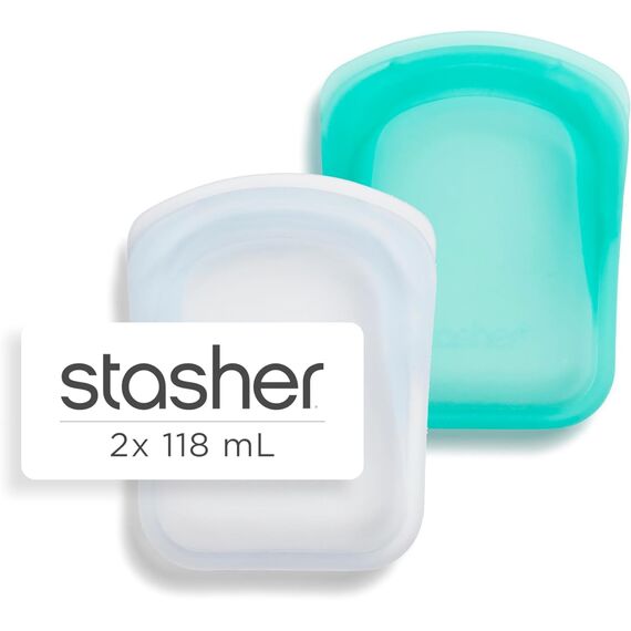 Stasher Wiederverwendbare Silikonbeutel zur Aufbewahrung von Lebensmitteln, 2er Set Pocket, Klar & Aqua, Hitze-, Spülmaschinen- & Gefrierfest, Umweltfreundlich, Tragbare Tasche, 2 x 118 ml
