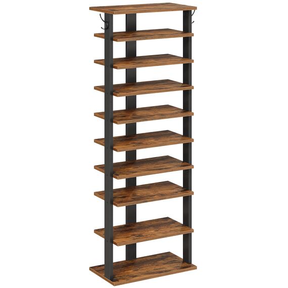 HOOBRO 10-lagiges Schuhregal, schmales Schuhablage, 50 cm Schuhschrank mit 2 Haken, Ablagegestelle, Stabil, für Eingang, Wohnzimmer, Schlafzimmer, Rustikales Braun EFG140XJ01
