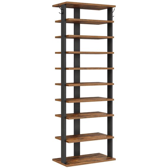 HOOBRO 10-lagiges Schuhregal, schmales Schuhablage, 50 cm Schuhschrank mit 2 Haken, Ablagegestelle, Stabil, für Eingang, Wohnzimmer, Schlafzimmer, Rustikales Braun EFG140XJ01