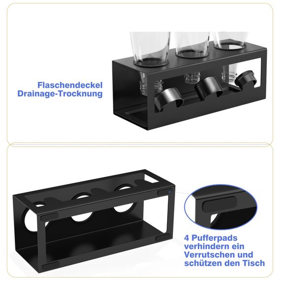 HOMMAND Flaschenhalter für SodaStream Crystal und Emil Flaschen, Edelstahl Flaschenhalter Abtropfgestell Abtropfständer für 3 Flaschen, mit Silikonschutzringe Abtropfschale und Deckelhalter Schwarz