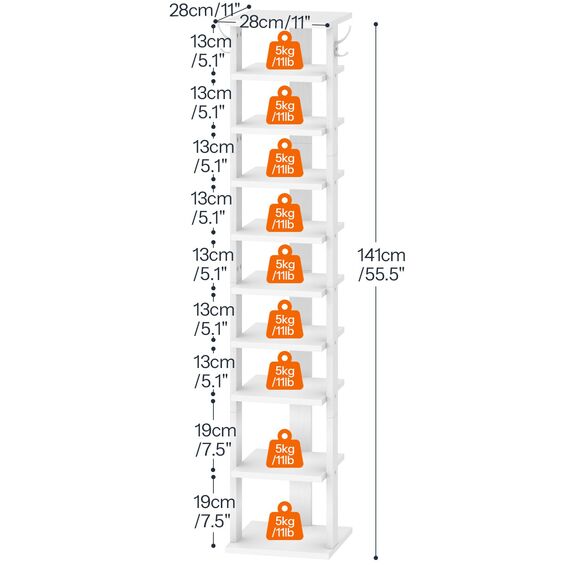 HOOBRO Schuhregal, Standregal, 10-stöckiger Schuhorganisator, schmales Schuhablage, mit Haken, geeignet für Flur, Schlafzimmer, platzsparend, Vintagebraun, Weiß EWT141XJ01