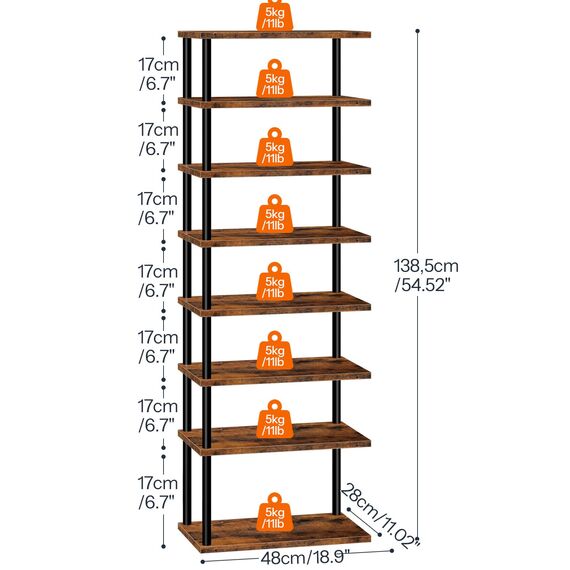 HOOBRO Vertikales Schuhregal, 8-lagiges Schuhregal, schmales Schuhablage, Schuhschrank, Schuhständer, Verdrehstruktur, für Eingang, Flur, Wohnzimmer, Schlafzimmer, Vintagebraun und Schwarz EBF488XJ01