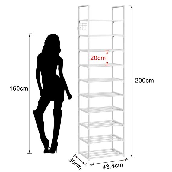 Vicye Schuhregal 10 Ebenen, Offener Schuhschrank aus Metall, Schuhregale Schmal und Hoch, Schuhständer Platzsparend 2m Hoch für Eingang, Flur, Schlafzimmer, Ankleidezimmer
