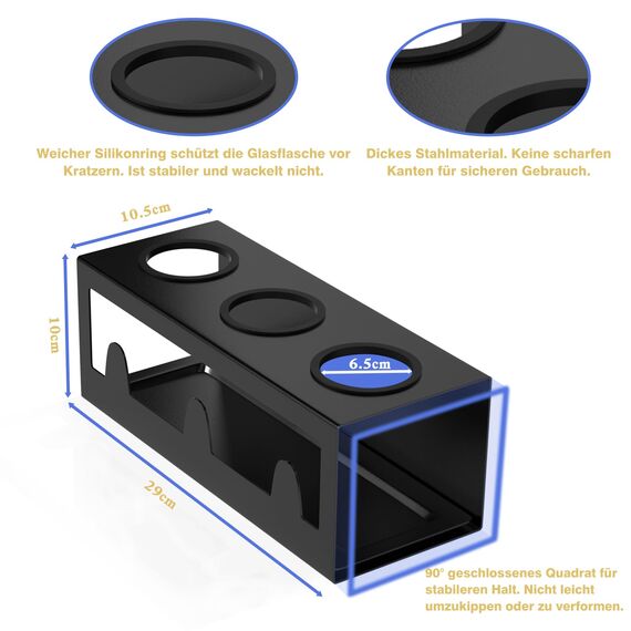 HOMMAND Flaschenhalter für SodaStream Crystal und Emil Flaschen, Edelstahl Flaschenhalter Abtropfgestell Abtropfständer für 3 Flaschen, mit Silikonschutzringe Abtropfschale und Deckelhalter Schwarz