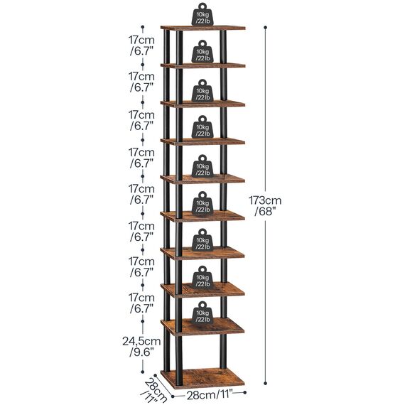 HOOBRO Schuhregal, 10-lagiges Eckschuhregal, schmales Schuhablage, Schuhschrank, Schuhständer, Flur, Schlafzimmer, Dunkelbraun-Schwarz EBF32XJ01