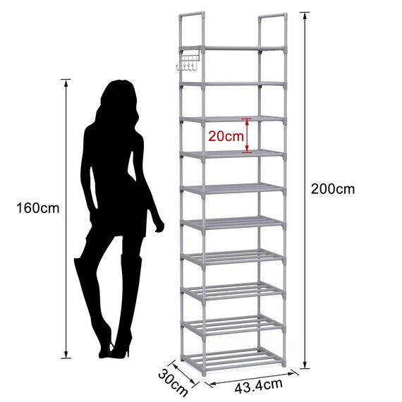 Vicye Schuhregal 10 Ebenen, Offener Schuhschrank aus Metall, Schuhregale Schmal und Hoch, Schuhständer Platzsparend 2m Hoch für Eingang, Flur, Schlafzimmer