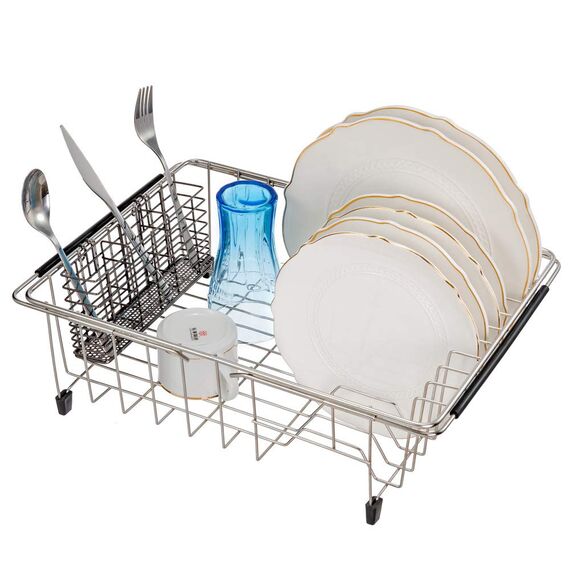 SANNO Edelstahl-Utensilien-Wäschekorb, Halter, Besteck, Utensilienhalter, Besteck-Organizer, Edelstahl-Gestell mit Haken, abnehmbarer Abtropfgestell, Besteckhalter, Schwarz