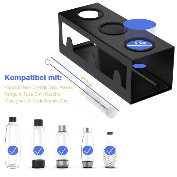 HOMMAND Flaschenhalter für SodaStream Crystal und Emil Flaschen, Edelstahl Flaschenhalter Abtropfgestell Abtropfständer für 3 Flaschen, mit Silikonschutzringe Abtropfschale und Deckelhalter Schwarz