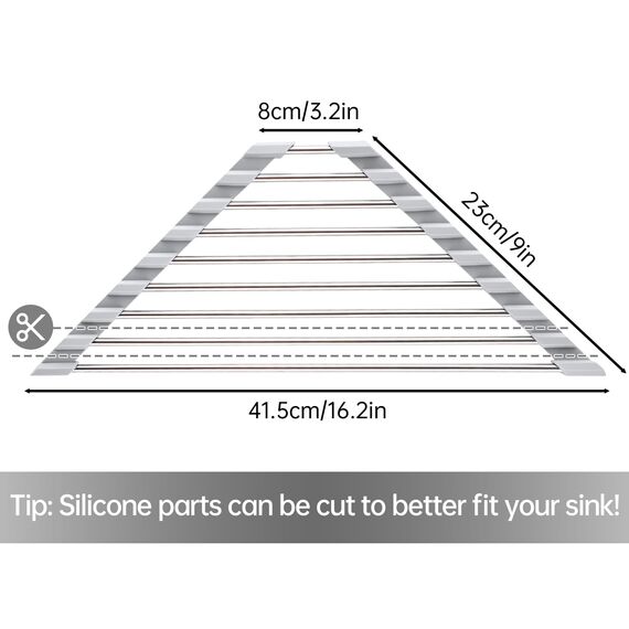 Tomorotec Dreieck Roll-Up Abtropfgestell für Spüle Ecke Kleine Faltbare Edelstahl Über Der Spüle Vielseitige Küchenabtropfkorb Organizer Aufbewahrung Platzsparender Regalhalter (Grau)